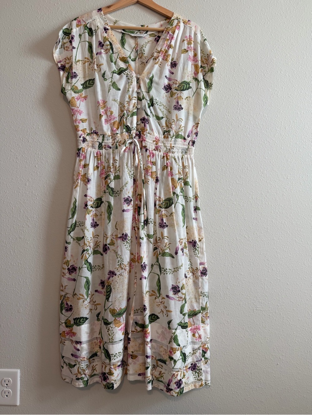 Lucky Brand Cream Floral Midi Dress with Green and Purple Print